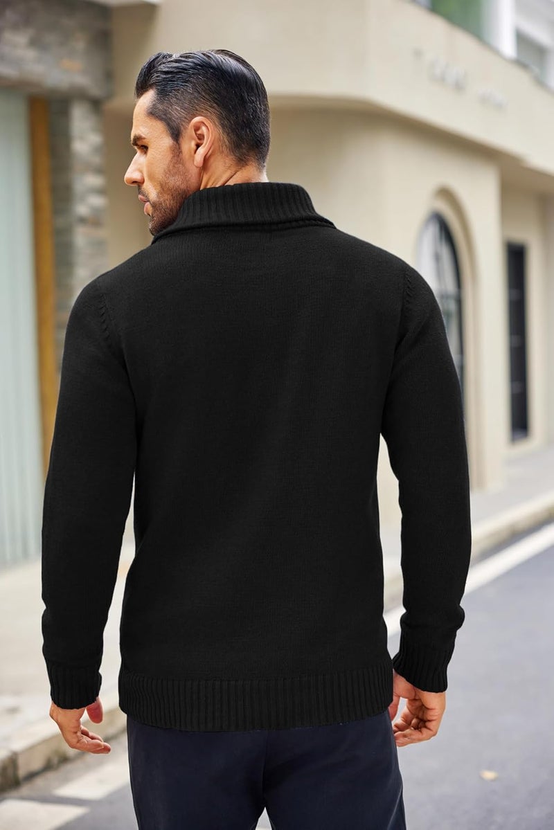 COOFANDY Men's Shawl Collar V-Neck Cable Knit Pullover Sweater - Black, XL - Image 3