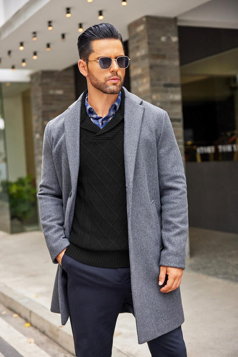 COOFANDY Men's Shawl Collar V-Neck Cable Knit Pullover Sweater - Black, XL - Image 4