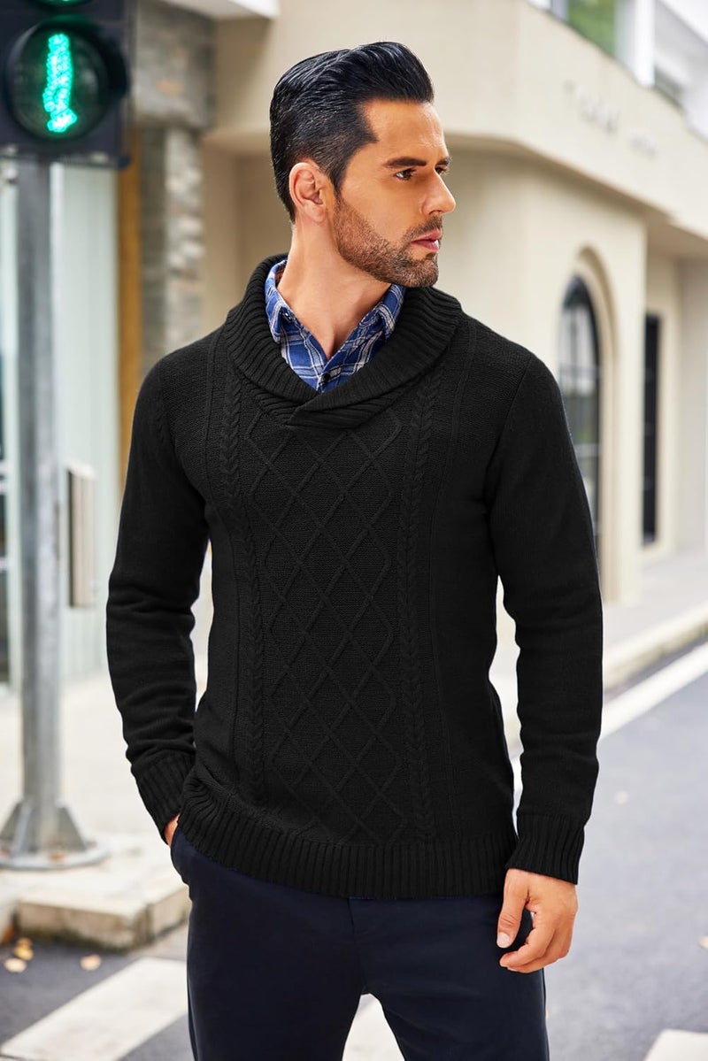 COOFANDY Men's Shawl Collar V-Neck Cable Knit Pullover Sweater - Black, XL - Image 2