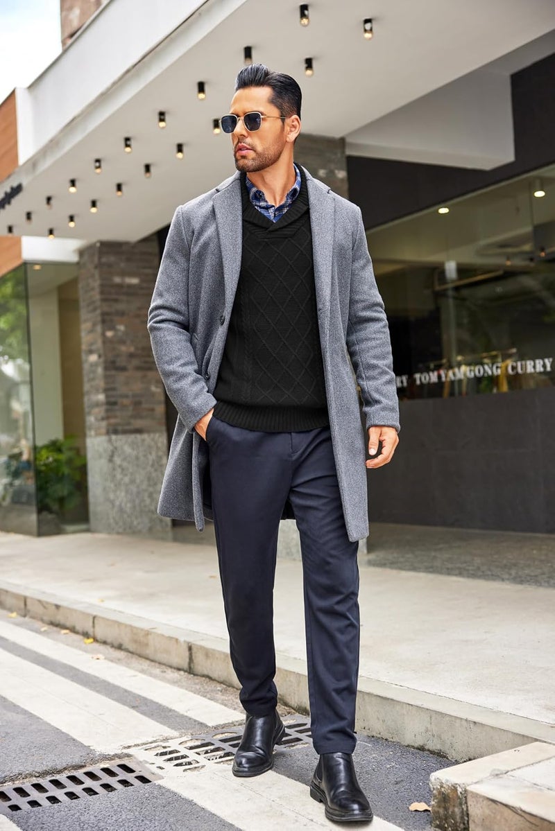 COOFANDY Men's Shawl Collar V-Neck Cable Knit Pullover Sweater - Black, XL - Image 5