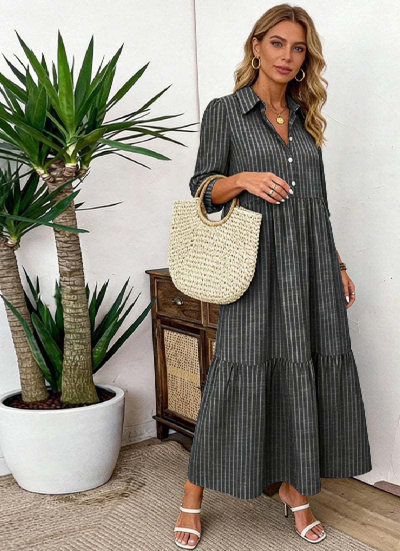 XNC Women's Striped Maxi Dresses 2026 Summer Fashion Collared Boho Dress Print 3/4 Sleeve Work Dress with Pockets Black - Image 2