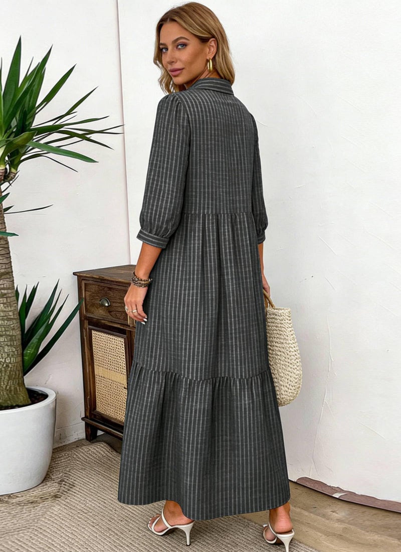 XNC Women's Striped Maxi Dresses 2026 Summer Fashion Collared Boho Dress Print 3/4 Sleeve Work Dress with Pockets Black - Image 5