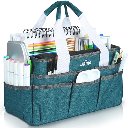JJRING Craft Organizer Tote Bag for Art Storage, Caddy with Multiple Pockets, Bluish Green Sewing Bag for Scrapbooking, School, Medical, and Office Supplies - Image 1