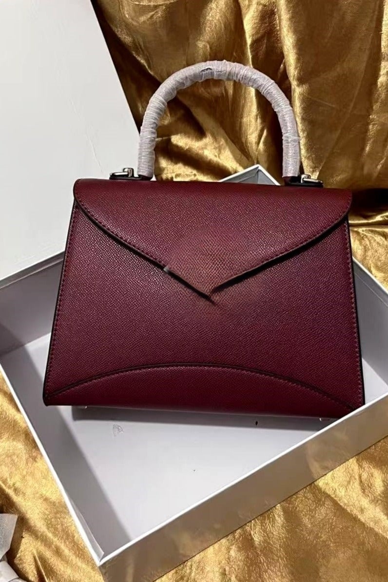 Elegant Structured Top-Handle Satchel Handbag in Burgundy with Silver Hardware 