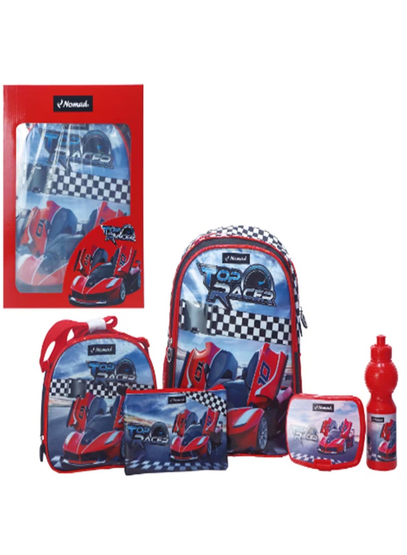 نوماد مجموعة حقيبة ظهر أساسية ٥ في ١ مطبوعة من Top Racer، مقاس ١٦ بوصة