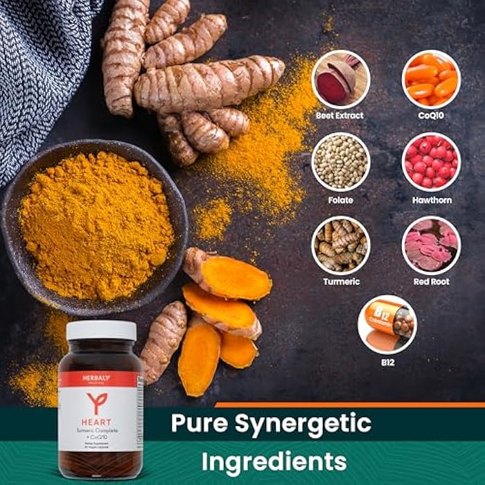 HERBALY كبسولات هيربالي الكاملة من الكركم بلس CoQ10 - دعم القلب والأوعية الدموية - CoQ10، مستخلص الشمندر، الفولات، B12، الكركم، الجذر الأحمر، الزعرور - مكونات عضوية نقية للصحة - 60 حبة - Image 2