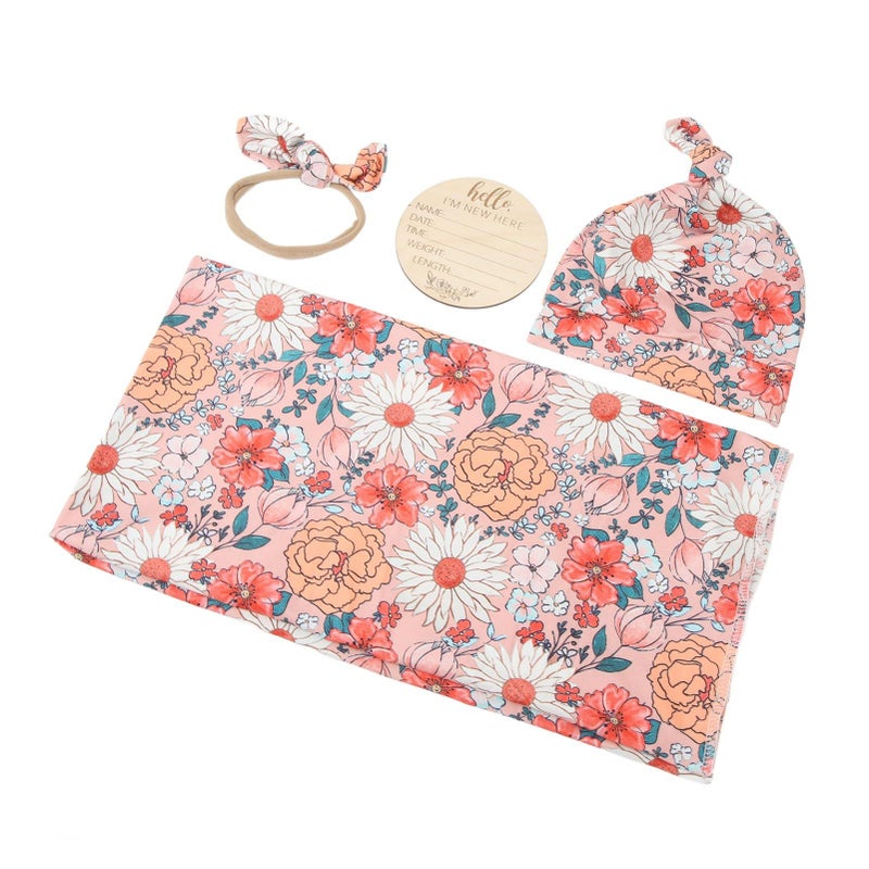 4 Piece Floral Print Baby Swaddle Wrap Headband Receiving Blanket Tipo 3 Size - Image 3