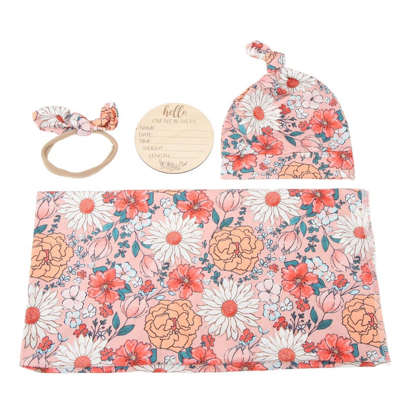4 Piece Floral Print Baby Swaddle Wrap Headband Receiving Blanket Tipo 3 Size - Image 2