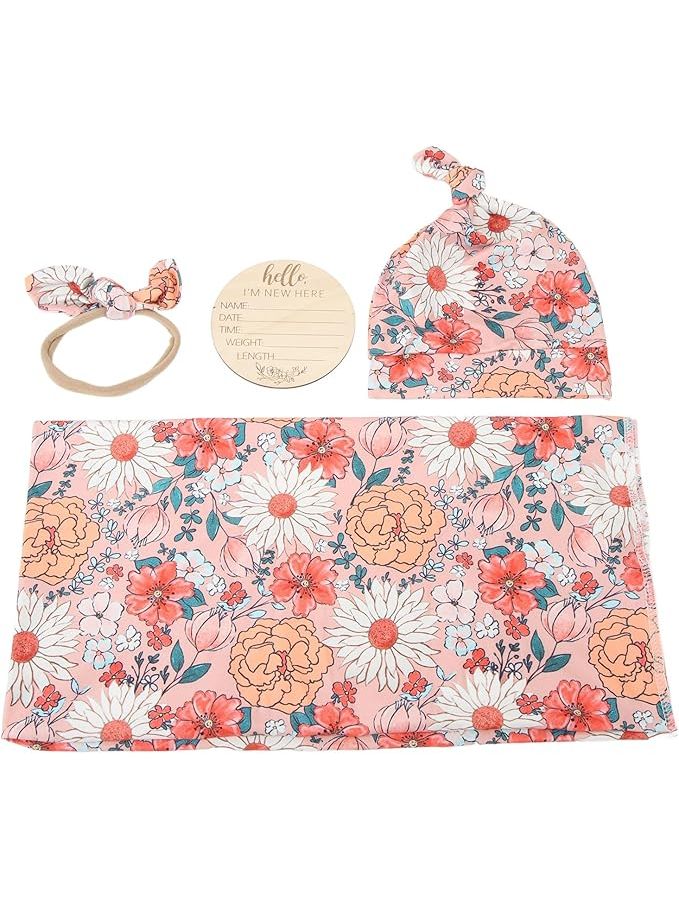 4 Piece Floral Print Baby Swaddle Wrap Headband Receiving Blanket Tipo 3 Size - Image 1