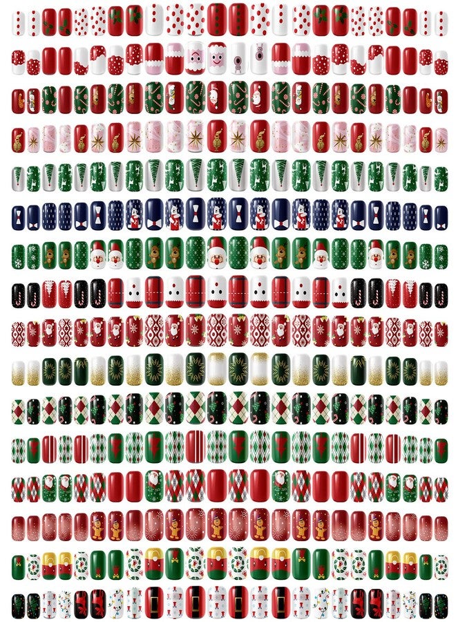 Kacctyen 384Pcs 16Pack Christmas Press on Nails Short Christmas Short Glue On Nails Square Faux Christmas Nails Plastic Artificial Nail Full Cover with Santa Elk Snowflake Pattern for Women (Bright Pattern) - Image 1