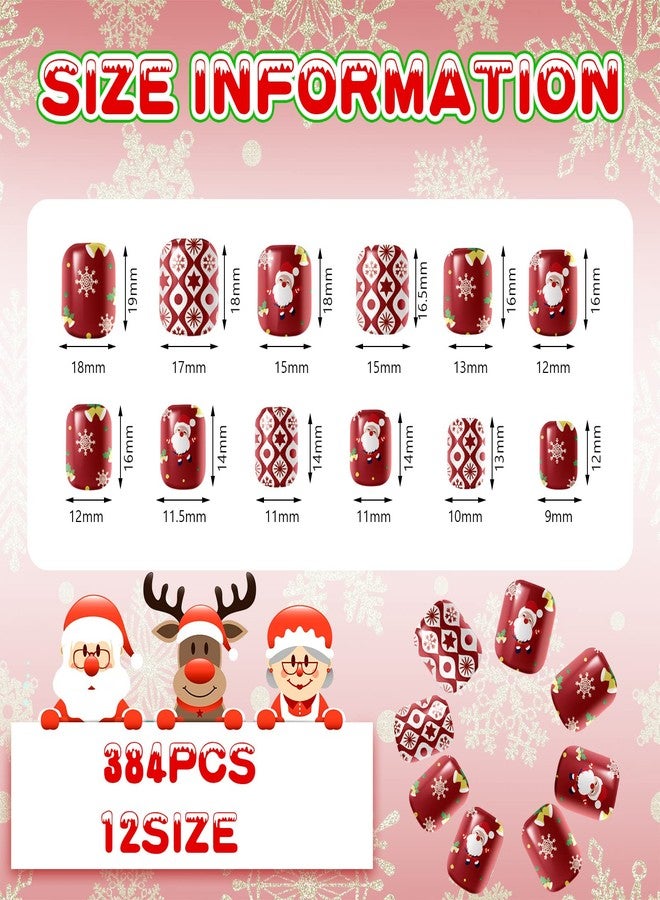 Kacctyen 384Pcs 16Pack Christmas Press on Nails Short Christmas Short Glue On Nails Square Faux Christmas Nails Plastic Artificial Nail Full Cover with Santa Elk Snowflake Pattern for Women (Bright Pattern) - Image 3