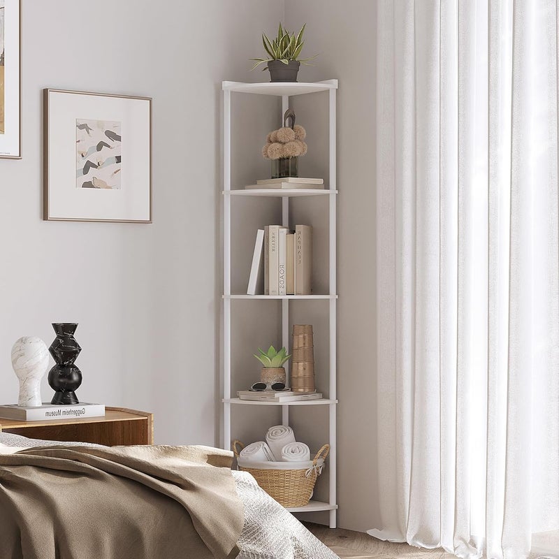 SUNMORY 5 Tier Corner Shelf Stand, Industrial 65" Corner Shelves Display Shelf for Living Room Decor, Wall Corner Bookshelf Multi Unit Organizer, Tall Shelf Plant Stand for Bedroom, Bathroom, White - Image 4