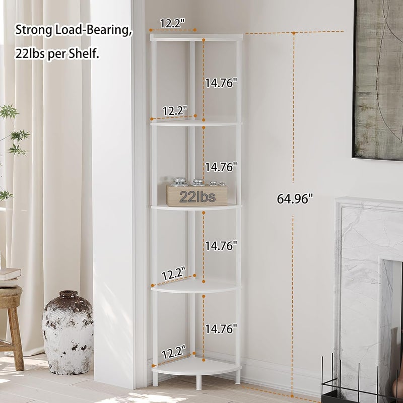 SUNMORY 5 Tier Corner Shelf Stand, Industrial 65" Corner Shelves Display Shelf for Living Room Decor, Wall Corner Bookshelf Multi Unit Organizer, Tall Shelf Plant Stand for Bedroom, Bathroom, White - Image 2