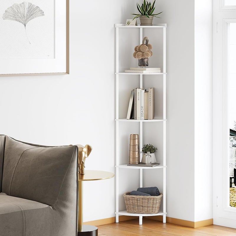 SUNMORY 5 Tier Corner Shelf Stand, Industrial 65" Corner Shelves Display Shelf for Living Room Decor, Wall Corner Bookshelf Multi Unit Organizer, Tall Shelf Plant Stand for Bedroom, Bathroom, White - Image 1