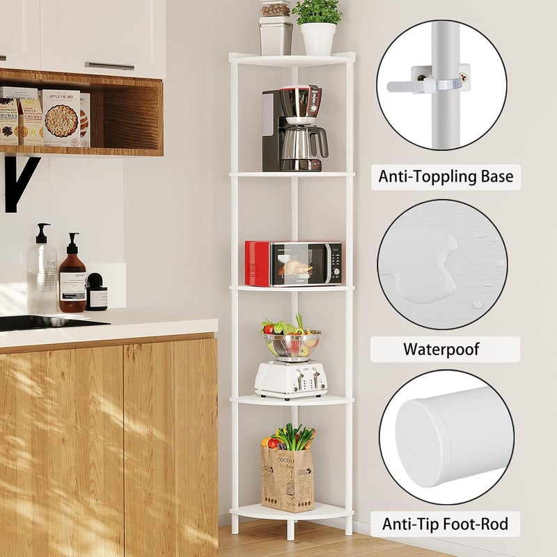 SUNMORY 5 Tier Corner Shelf Stand, Industrial 65" Corner Shelves Display Shelf for Living Room Decor, Wall Corner Bookshelf Multi Unit Organizer, Tall Shelf Plant Stand for Bedroom, Bathroom, White - Image 3
