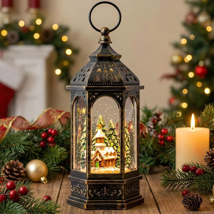 CHRISTMAS SNOW GLOBE LANTERN LIGHTED CHURCH MUSICAL SNOW WATER LANTERN SWIRLING GLITTERING HOME DECORATION AND GIFT BATTERY OPERATED OR USB POWERED