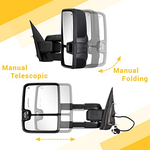 Sanooer Towing Mirrors for 2014-2018 Chevy Silverado GMC Sierra 1500 2500 HD 3500 HD with Power Glass LED Arrow Turn Signal Light Backup Lamp Running Light Heated Extendable Pair Set (Black Painted) - Image 4