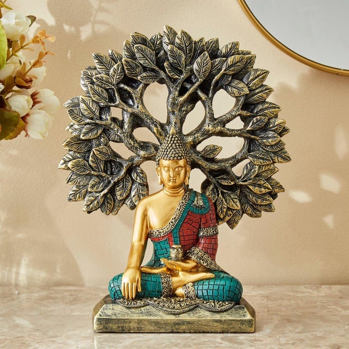 INDIA HANDCRAFTED BUDDHA SHOWPIECE WITH BODHI TREE FOR HOME DECOR MEDITATION BUDDHA IDOL WITH ANTIQUE FINISH PEACEFUL BUDDHA BUST SCULPTURE FOR POOJA ROOM OFFICE AND GIFT