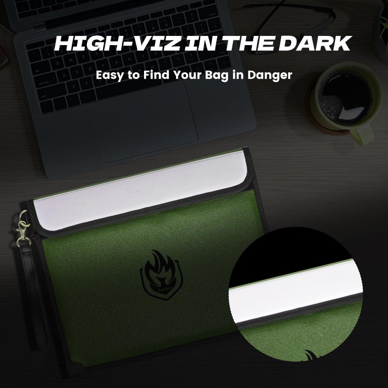 andyer 2 Pockets Fireproof Document Bag 6200Â°F, 10 Layers Waterproof Fireproof Money Bag for Cash with Reflective Strip, Heat Insulated Waterproof Document Holder Pouch, Fire Safe Storage (Green) - Image 5