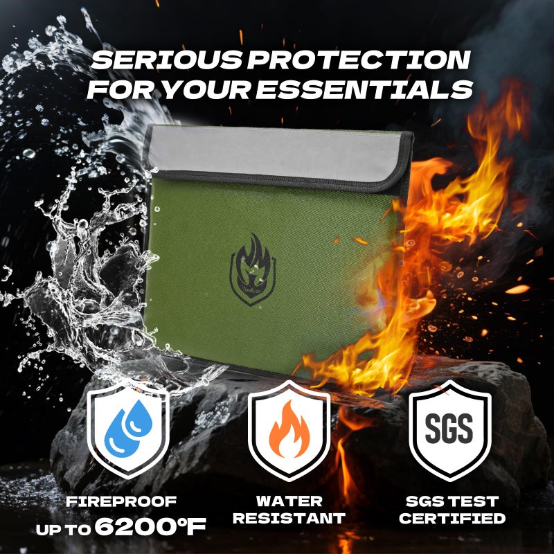 andyer 2 Pockets Fireproof Document Bag 6200Â°F, 10 Layers Waterproof Fireproof Money Bag for Cash with Reflective Strip, Heat Insulated Waterproof Document Holder Pouch, Fire Safe Storage (Green) - Image 2