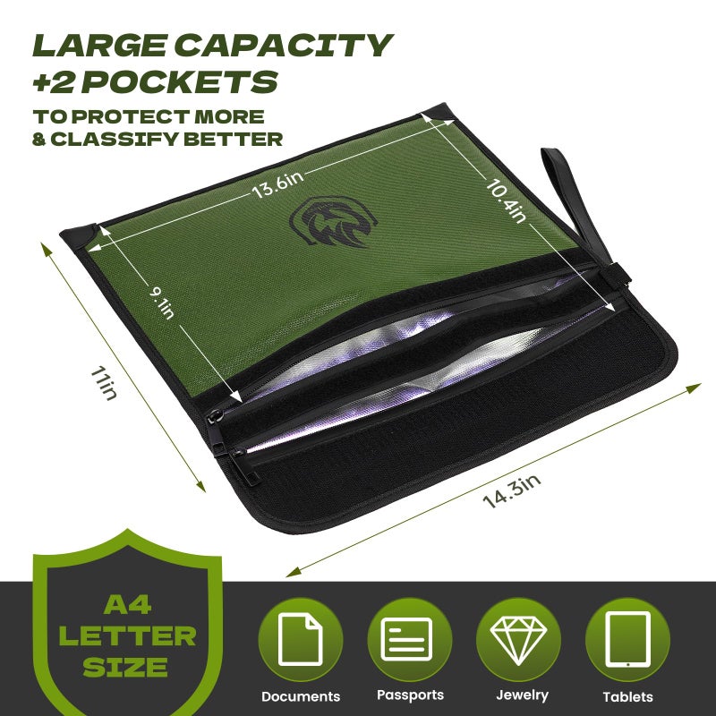 andyer 2 Pockets Fireproof Document Bag 6200Â°F, 10 Layers Waterproof Fireproof Money Bag for Cash with Reflective Strip, Heat Insulated Waterproof Document Holder Pouch, Fire Safe Storage (Green) - Image 4