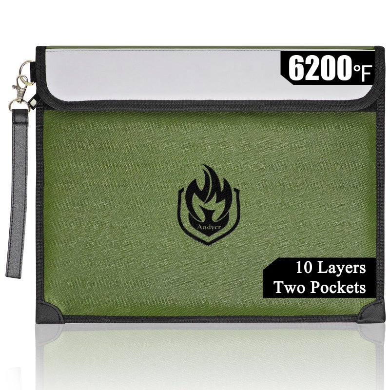 andyer 2 Pockets Fireproof Document Bag 6200Â°F, 10 Layers Waterproof Fireproof Money Bag for Cash with Reflective Strip, Heat Insulated Waterproof Document Holder Pouch, Fire Safe Storage (Green) - Image 1