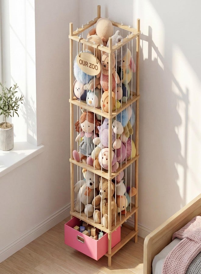 Brelley Stuffed Animal Storage Zoo Wood Toy Storage Organizer with Drawer - Image 1