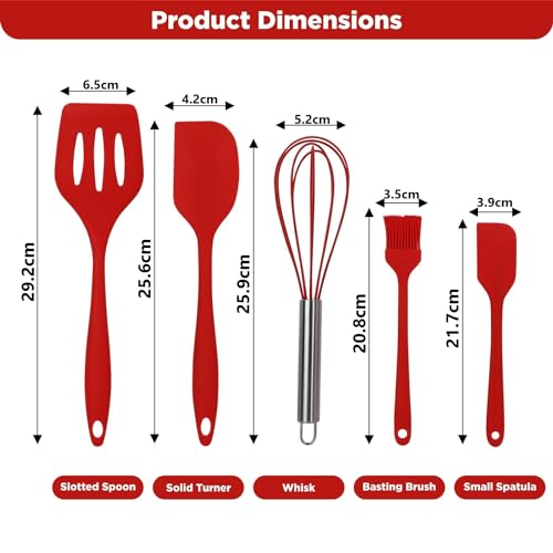 Ramkuwar with device of R Ramkuwar Silicone Baking Utensils Set Includes Spatula, Whisk, Brush, Spoon, Scraper for Cooking (5-Piece, Red) - Image 2