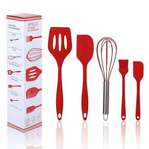 Ramkuwar with device of R Ramkuwar Silicone Baking Utensils Set Includes Spatula, Whisk, Brush, Spoon, Scraper for Cooking (5-Piece, Red) - Image 1