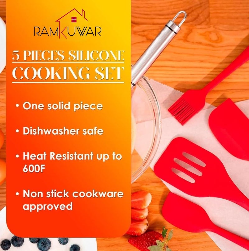 Ramkuwar with device of R Ramkuwar Silicone Baking Utensils Set Includes Spatula, Whisk, Brush, Spoon, Scraper for Cooking (5-Piece, Red) - Image 5