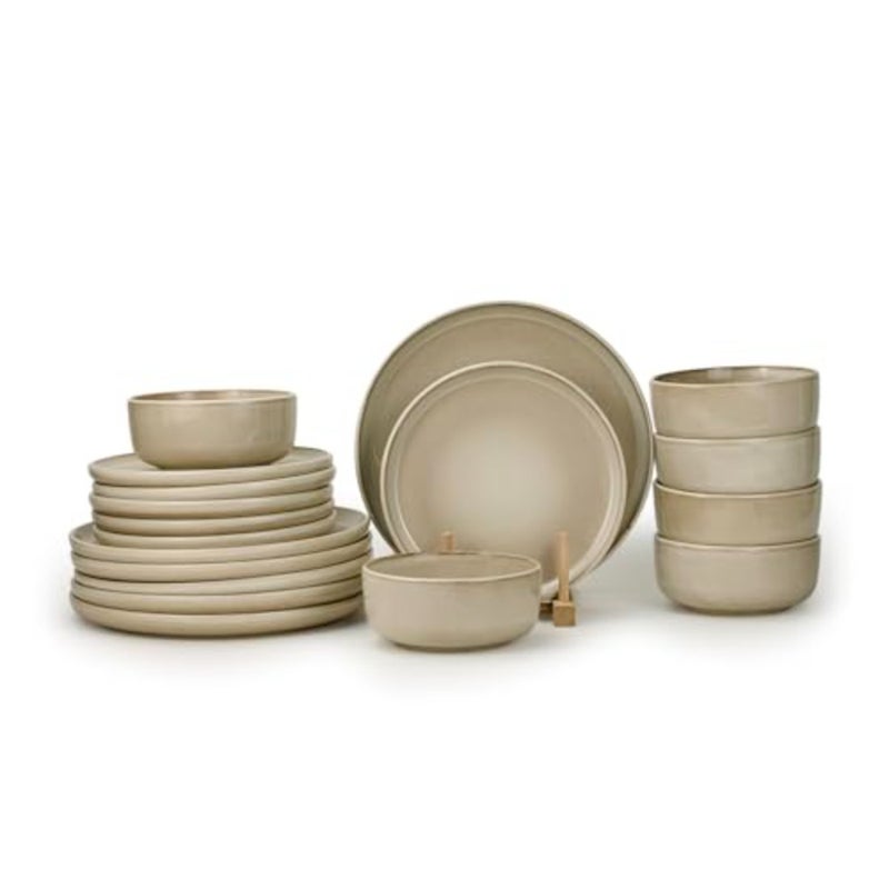 مجموعة عشاء Shallow By Stoneware REX مكونة من 18 قطعة، مجموعة أواني طعام باللون البيج تخدم 6 أشخاص و6 أطباق عشاء و6 أطباق جانبية و6 أوعية خفيفة الوزن وقابلة للتكديس ومجموعة أوعية للوجبات المنزلية العائلية - Image 1