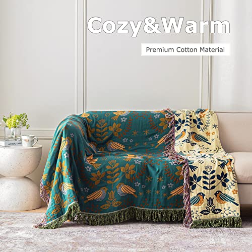 LUTBM Boho Throw Blanket for Bed 100% Cotton Ultra Soft Rustic Quilt Fall Blanket Bird Floral Printed Farmhouse Decor Large Bed Blankets,60"×80" All Season Rustic Throw for Sofa Couch Chair - Image 4