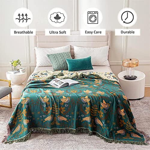 LUTBM Boho Throw Blanket for Bed 100% Cotton Ultra Soft Rustic Quilt Fall Blanket Bird Floral Printed Farmhouse Decor Large Bed Blankets,60"×80" All Season Rustic Throw for Sofa Couch Chair - Image 2