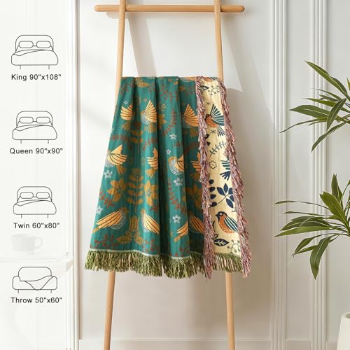 LUTBM Boho Throw Blanket for Bed 100% Cotton Ultra Soft Rustic Quilt Fall Blanket Bird Floral Printed Farmhouse Decor Large Bed Blankets,60"×80" All Season Rustic Throw for Sofa Couch Chair - Image 5
