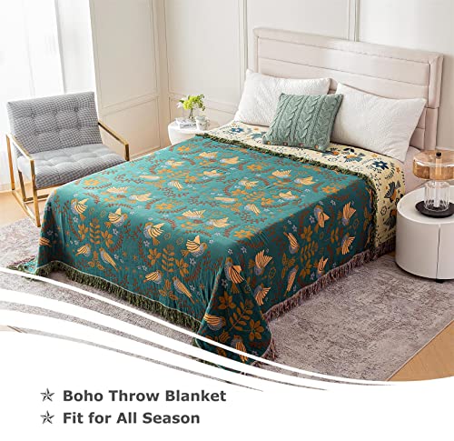 LUTBM Boho Throw Blanket for Bed 100% Cotton Ultra Soft Rustic Quilt Fall Blanket Bird Floral Printed Farmhouse Decor Large Bed Blankets,60"×80" All Season Rustic Throw for Sofa Couch Chair - Image 3