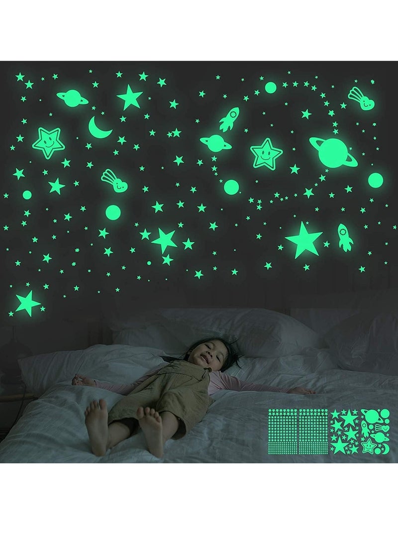 إكسفور Glow in The Dark Stars Wall Stickers for Ceiling, 462 Pcs 3D Glowing Removable Self-Adhesive Wall Decals with Moon, Rocket and Planets for Girls Boys Kids DIY Bedding Room Bedroom Décor - Image 1