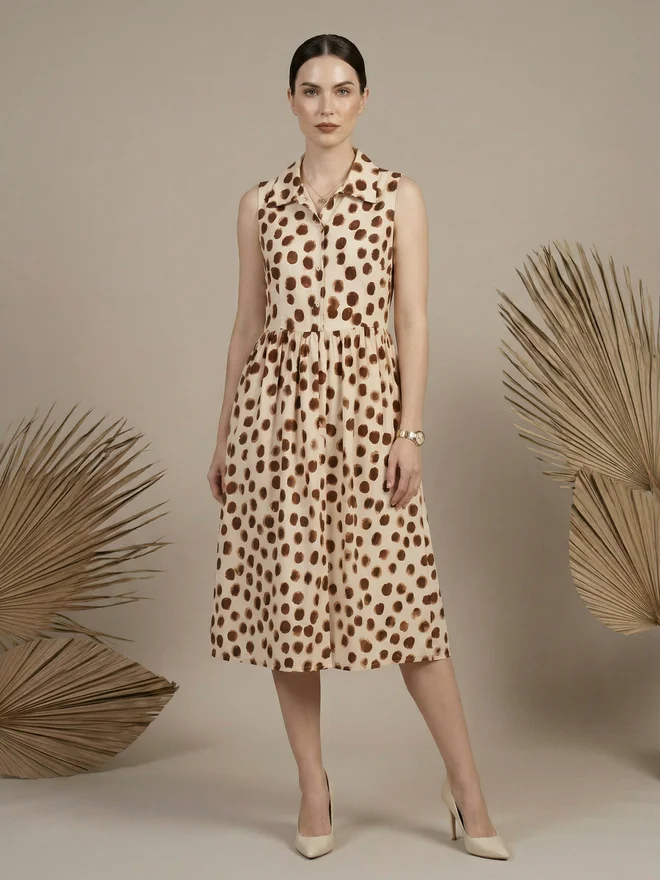 Mish light beige with brown spots Cream Sleeveless Polka Dot Midi Dress for Women | Best Price UAE
