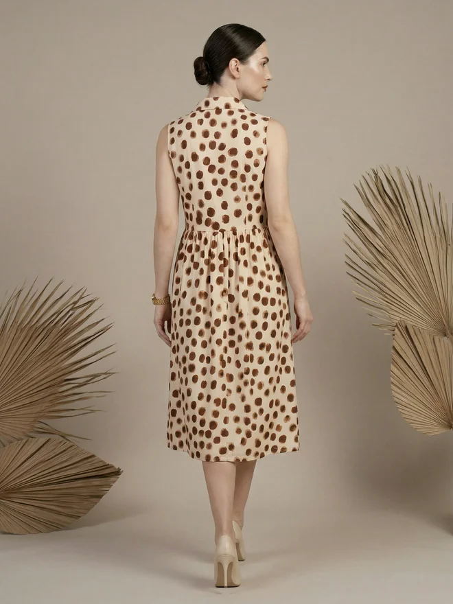Mish light beige with brown spots Cream Sleeveless Polka Dot Midi Dress for Women | Best Price UAE