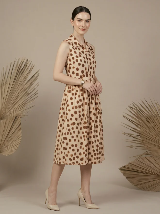 Mish light beige with brown spots Cream Sleeveless Polka Dot Midi Dress for Women | Best Price UAE