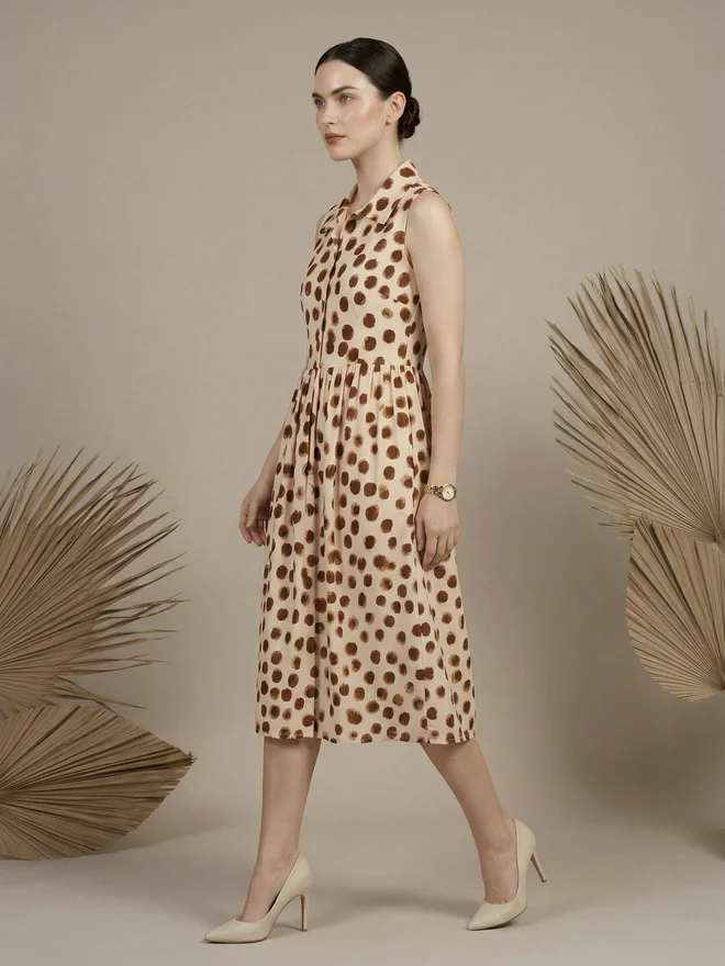Mish light beige with brown spots Cream Sleeveless Polka Dot Midi Dress for Women | Best Price UAE