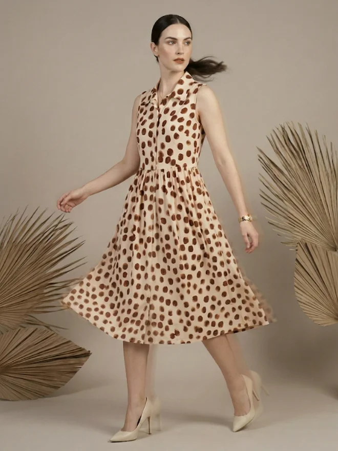 Mish light beige with brown spots Cream Sleeveless Polka Dot Midi Dress for Women | Best Price UAE