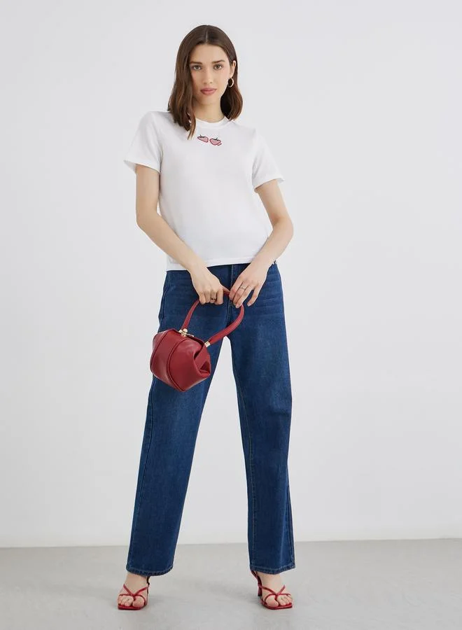 تايك تو Take Two Embroidered Strawberry Pattern Oversized T-Shirt