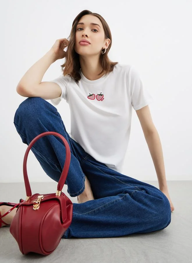 تايك تو Take Two Embroidered Strawberry Pattern Oversized T-Shirt