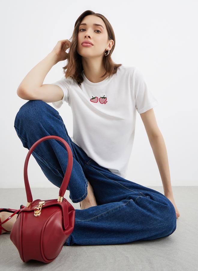 Take Two Embroidered Strawberry Pattern Oversized T-Shirt - Image 1
