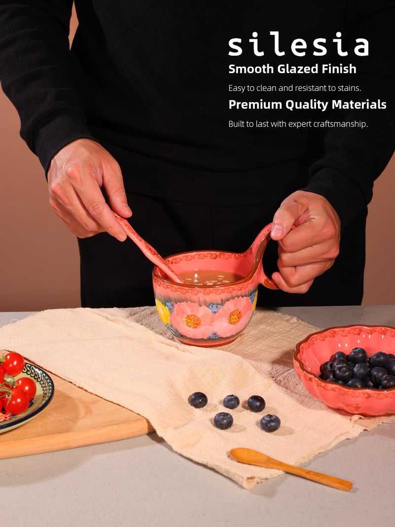 silesia Handmade Loop Handle Soup Bowl, Plate and Spoon Set - Ceramic Hand Painted Cereal Bowl Great for Soup, Ice cream, Snack, Stew in Gift Box, Dishwasher Safe, Glazed Pink - Image 5