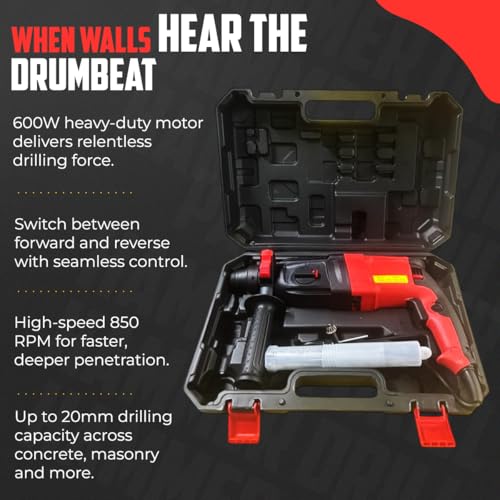 Jon Bhandari Tools 20mm Reversible Rotary Hammer Drill Machine 600W 850 RPM – Heavy Duty Impact Drill for Concrete & Masonry Drilling – Includes 3 SDS Drill Bits, 2 Max Chisels & SDS Adapter - Image 3