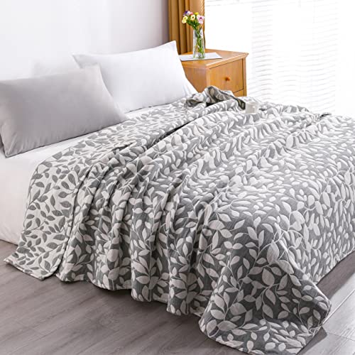 NTBAY 3 Layers Cotton Muslin 88x92 Queen Bed Blanket, Super Soft Breathable Thermal Yarn Dyed Quilt for Adults, Perfect Lightweight Blanket for Couch Sofa Bed All Seasons, Grey Leaf - Image 1