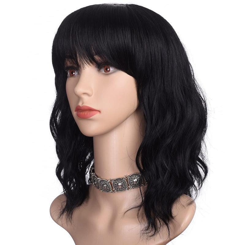 morvally Short Black Wavy Bob Wig with Bangs for Women 16 Inches Natural Synthetic Hair Wavy Wigs - Image 1