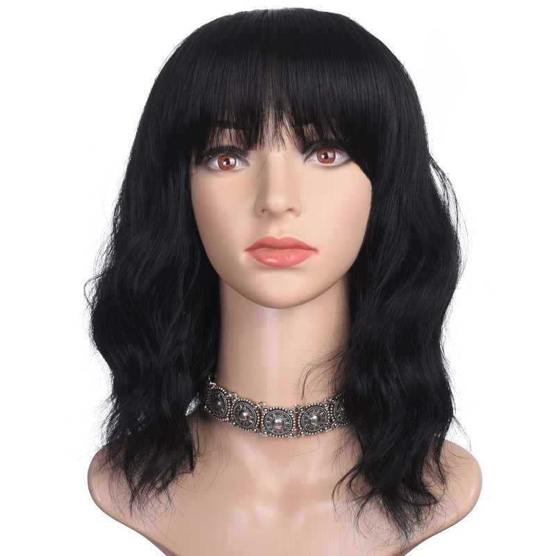morvally Short Black Wavy Bob Wig with Bangs for Women 16 Inches Natural Synthetic Hair Wavy Wigs - Image 3