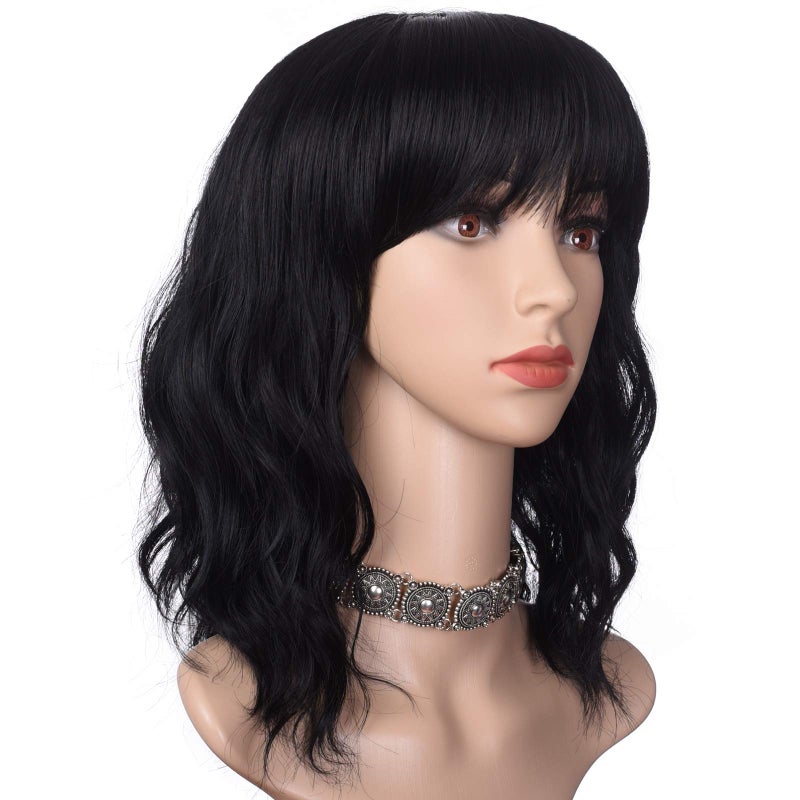 morvally Short Black Wavy Bob Wig with Bangs for Women 16 Inches Natural Synthetic Hair Wavy Wigs - Image 4